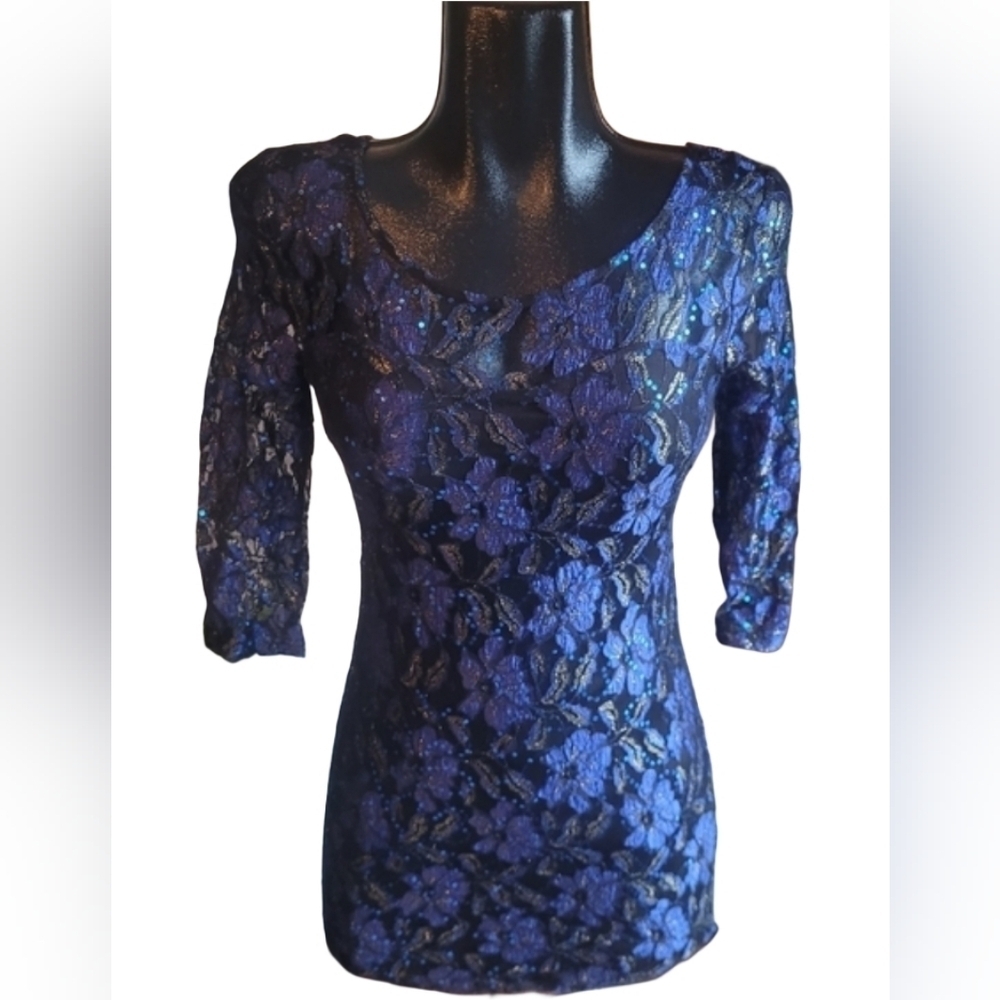Parisian Collection Blue Floral Lace and Sequin Detailed Mini Dress Size S